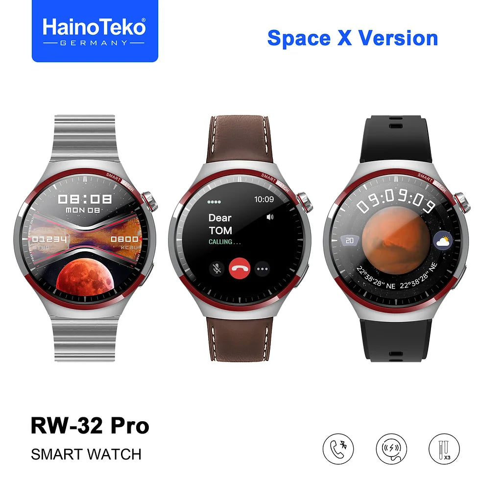 Haino Teko Germany Smart Watch 4 pro RW-32 with AMOLED Curved Glass Screen Real AMOLED Round Display Touch Screen with 3 pairs Strap Complete Fitness Tracker Watch - Sliver