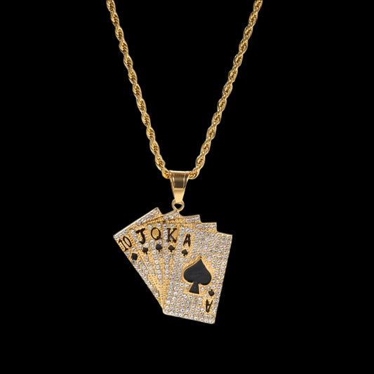 Hiphop Iced Out Playing Card Straight Flush Pendant With Stainless Steel Chain Men's Poker Necklace Golden Jewelry