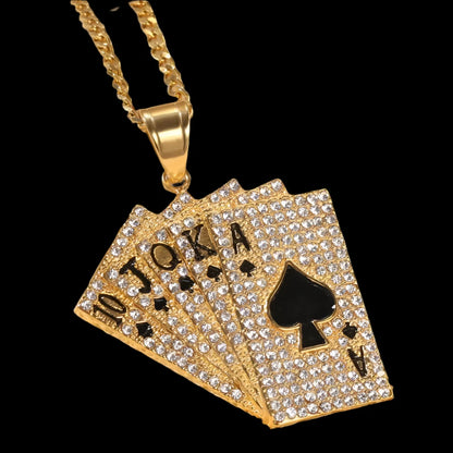 Hiphop Iced Out Playing Card Straight Flush Pendant With Stainless Steel Chain Men's Poker Necklace Golden Jewelry